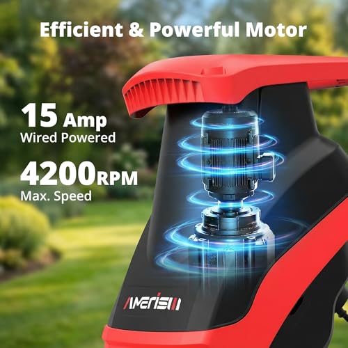 AMERISUN Electric Wood Chipper Shredder 15-Amp, 4200RPM Leaf Mulcher with 1.75-Inch Branch Capacity, Portable Yard Waste Shredder with 50L Collection Bag for Garden, Lawn & Landscaping Cleanup - color: Red