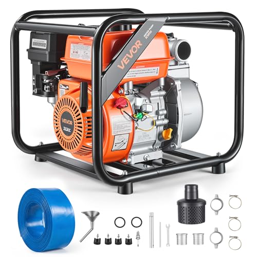 VEVOR Gas Powered Water Pump 2 Inch 142 GPM 7HP Semi Trash Pump Portable | for irrigation Ponds Pools, 98 ft Lift, 23 ft Suction, Gasoline Engine Water Transfer, Heavy Duty Frame, 25 ft Discharge Hose - size: 2in 7.0 HP 142 GPM