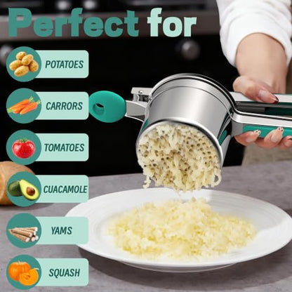 Large 15oz Potato Ricer for Mashed Potatoes, Heavy Duty 18/8 Stainless Steel Potato Masher for Baby Food & Spaetzle Maker, Masher and Ricer Kitchen Tool, Press and Mash Kitchen Gadget, Green - color: Green