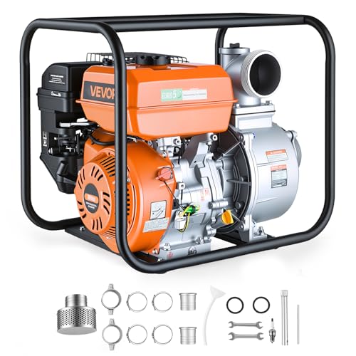 VEVOR Gas Powered Water Pump, 4 in, 422 GPM 8.3HP Semi Trash Water Transfer Pump Portable, Gasoline Engine with 25 ft Discharge Hose, Heavy Duty Frame, Cast Iron Impeller, for Irrigation, Ponds, Pools - size: 4in 8.3 HP 422GPM