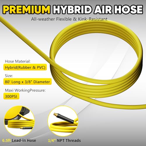 SILVEL Retractable Air Hose Reel, 3/8 in x 80FT Hybrid Hose Max 300PSI, Air Compressor Hose Reel with 6.5Ft Lead in, Auto-Rewind & 180° Swivel Bracket, Ceiling/Wall Mount for Garage, Workshop, DIY - size: 80FT