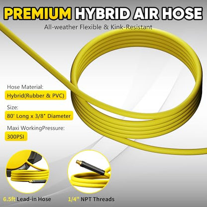 SILVEL Retractable Air Hose Reel, 3/8 in x 80FT Hybrid Hose Max 300PSI, Air Compressor Hose Reel with 6.5Ft Lead in, Auto-Rewind & 180° Swivel Bracket, Ceiling/Wall Mount for Garage, Workshop, DIY - size: 80FT