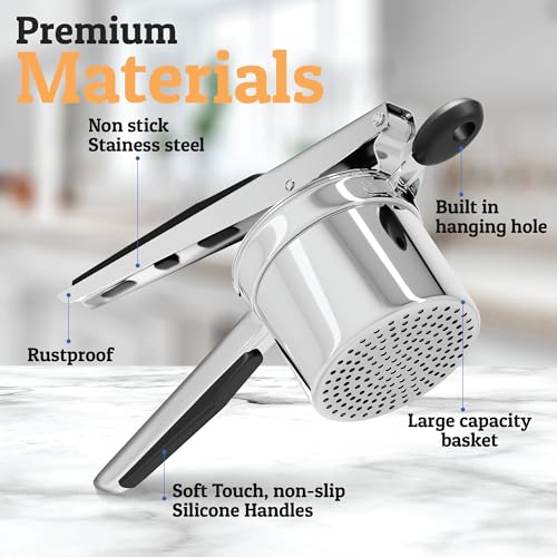 PriorityChef Large 15oz Potato Ricer, Heavy Duty Stainless Steel Potato Masher and Ricer Kitchen Tool, Press and Mash Kitchen Gadget For Perfect Mashed Potatoes - Everytime - color: Black