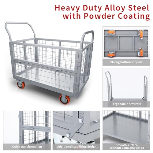 YITAMOTOR 2000lbs Platform Truck Cart w/Cage, 6-in-1 Foldable Flatbed Cart