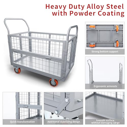 YITAMOTOR 2000lbs Platform Truck Cart w/Cage, 6-in-1 Foldable Flatbed Cart