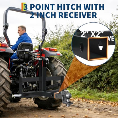 3 Point Trailer Hitch with 2" Receiver for Tractor, Versatile Category 1 Quick Hitch Drawbar Adapter – with Suitcase Weight Brackets for Towing & Stability, Black