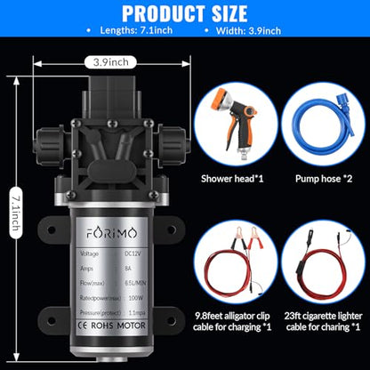 12 Volt Water Pump,100W 1.7GPM 160PSI Portable Pressure Powerful Washing Kit with Shower Head and PVC Hose for RV, Home, Car, Garden, Projects