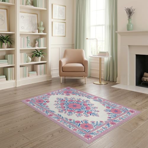 4'x6' Pink Toile Motif Way Flower Chinoiserie Washable Area Rug - color: Pink/Pattern 17, size: 4' x 6' (Rectangular)