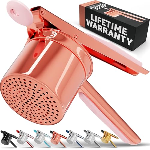 PriorityChef Large 15oz Potato Ricer, Heavy Duty Stainless Steel Potato Masher and Ricer Kitchen Tool, Press and Mash Kitchen Gadget For Perfect Mashed Potatoes - Everytime, Rose Gold and Pink - color: Rose Gold Pink