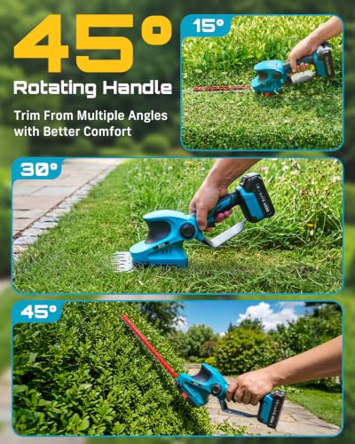 Seesii 2-in-1 20V Cordless Hedge Trimmer 12" & Grass Shear, 2 Batteries - color: Blue