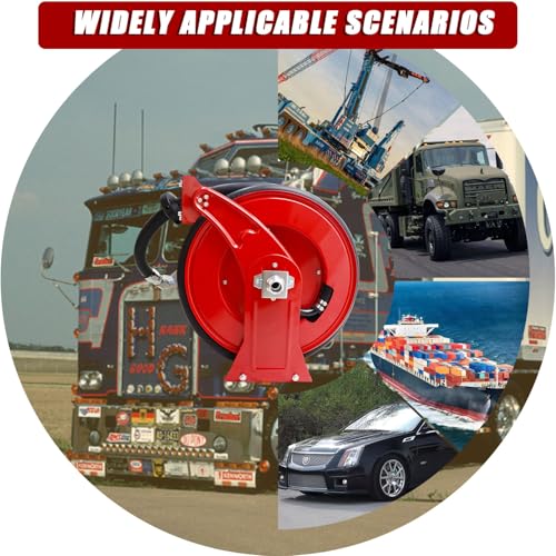 Fuel Hose Reel,Ratchet Spring-Driven Retractable 1"x 50' Diesel Hose Reel W/Swivel, AUTO Fuel Nozzle,SS Eblow Barb Fitting,300 PSI,1"NPT Inlet,1" Outlet Heavy Duty Steel Construction - color: Red, size: 1"-50FT