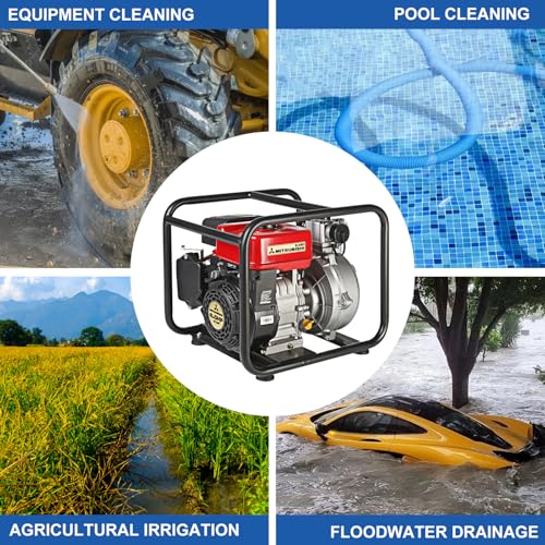TOOLCY Trash Pump 2 inch with 6HP 181cc 132GPM 4-Cycle Gasoline Engine, Gas Powered Water Triple Outlet (2"/1.5"), Commercial Water Transfer Pump for Long-Distance Irrigation & Sprinkler Systems