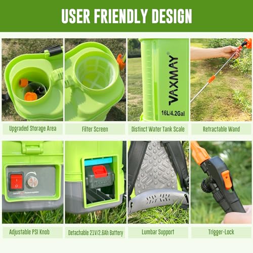Battery Powered Backpack Sprayer 4 Gallon, VAXMAY 100 PSI Electric Garden Sprayer Works with Makita 18V Battery, Weed Yard Sprayer with Telescopic Wand, 5 Nozzles, 2.6 Ah Battery & Charger Included - size: 4.2 Gallon