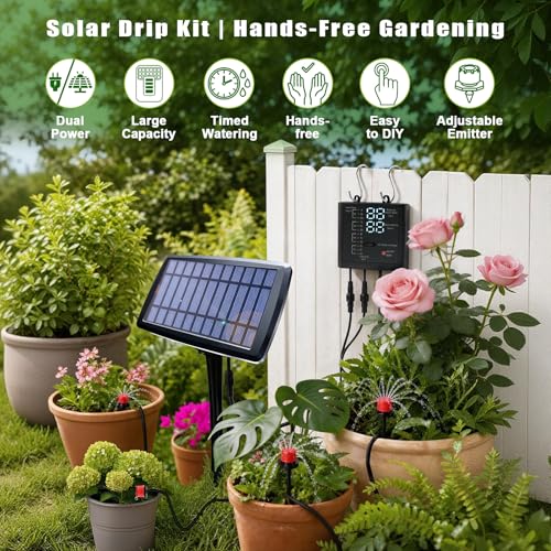 Irrigation System for Garden with Solar Panel, Automatic Drip Irrigation Kits 49FT Hose, Smart Timer Solar Irrigation System for Garden, Patio, Small Farm, Prevent Plants Wither (15 Pots)