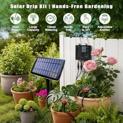 Irrigation System for Garden with Solar Panel, Automatic Drip Irrigation Kits 49FT Hose, Smart Timer Solar Irrigation System for Garden, Patio, Small Farm, Prevent Plants Wither (15 Pots)
