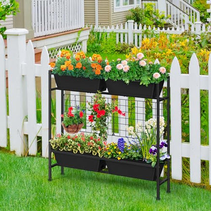 OYEAL Raised Garden Bed 32" Tall Elevated Planter Boxes with Trellis & Legs, Vertical Herb Garden Planter Outdoor for Gardening, Vegetables, Flowers, Herbs, Backyard, Black - color: Black