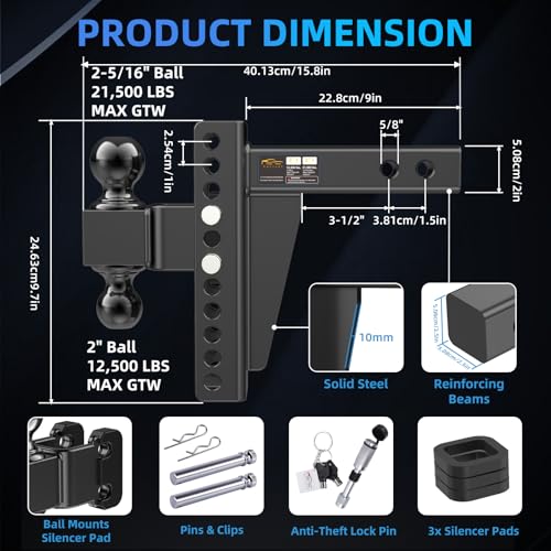 Adjustable Trailer Hitch -Drop Hitch Fit 2" Receiver - 8" Drop/Rise - size: 8 Inch Drop Hitch