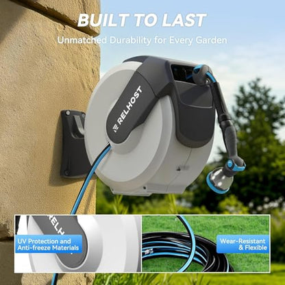 Relhost Retractable Garden Hose Reel 120 ft x 1/2 in, Heavy Duty Hose Reel Wall Mount with Any Length Lock, Auto Rewind System, 180° Swivel Bracket, 10-Pattern Garden Hose Nozzle, White & Grey - color: White & Grey, size: 120FT