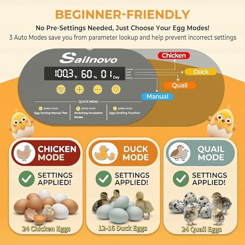 Sailnovo 24 Eggs Incubator, 4 Modes, Temp Control & Humidity Display, Grey - color: Grey, size: 24 Eggs