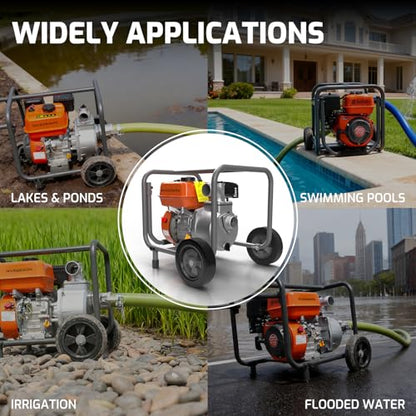 NOVUS 2-Inch Semi Trash Pump with Foldable Handle and Wheels, 212cc Engine - size: 2 Inch with Hose and Wheel
