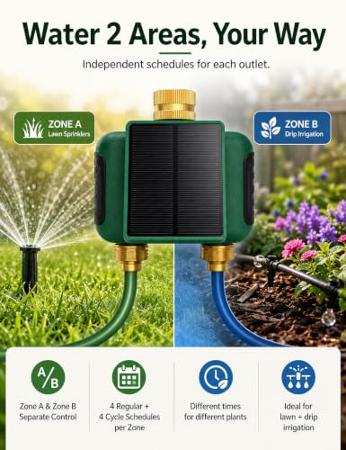 MOES Solar WiFi Hose Timer, 2-Zone Sprinkler Water Timer, Brass Fittings