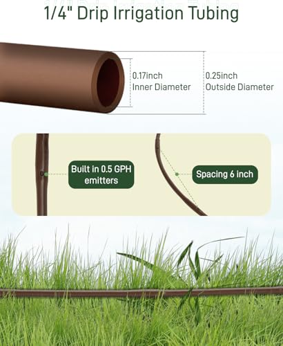 1/4" Drip Irrigation Tubing with 6" Emitter Spacing, (250 Ft Roll) Hydroponics Dripline with Built-in 0.5 GPH Dripper, Drip Line for Vegetation, Window Boxes and Garden (Brown) - size: 250FT