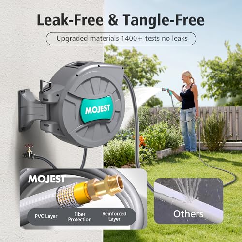 Mojest Retractable Garden Hose Reel - 1/2 in x 80 ft Wall Mounted Heavy Duty Water Hose Reel with Automatic Slow Rewind System, 2 Hose Nozzle, 180°Swivel Bracket, Dark Gray - color: Dark Gray, size: 80FT