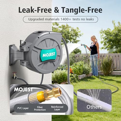 Mojest Retractable Garden Hose Reel - 1/2 in x 80 ft Wall Mounted Heavy Duty Water Hose Reel with Automatic Slow Rewind System, 2 Hose Nozzle, 180°Swivel Bracket, Dark Gray - color: Dark Gray, size: 80FT