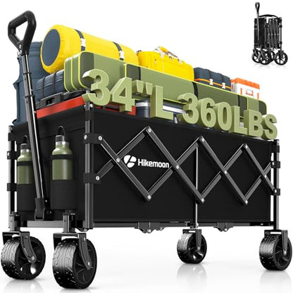 HIKEMOON 34'' Extra Long Folding Wagon Wide Wheels, 120L 360LBS Black