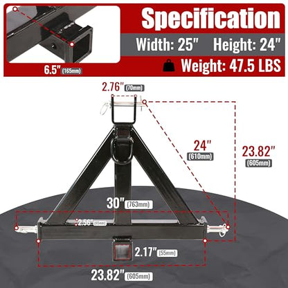 HECASA 3 Point Trailer Hitch 2" Receiver Compatible with Kubota John Deere BX LM25H NorTrac Yanmar Kioti Cat Category 1 Tractors Heavy Duty Tow Hitch