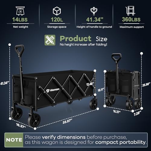 HIKEMOON 34'' Extra Long Folding Portable Wagon Cart, 120L 360LBS Black - color: Black
