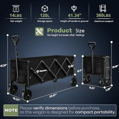 HIKEMOON 34'' Extra Long Folding Portable Wagon Cart, 120L 360LBS Black - color: Black
