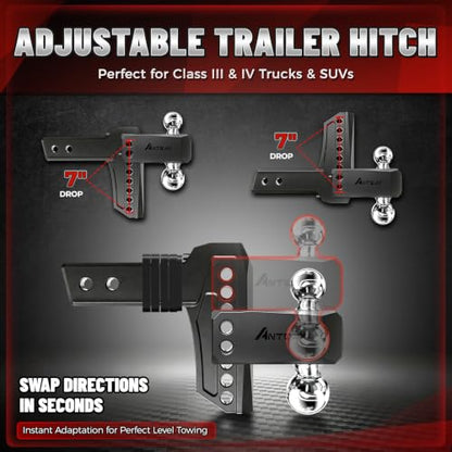 Adjustable Trailer Hitch, Fits 2.5" Receiver, 7" Drop/Rise - color: Black, size: 2.5"-7drop