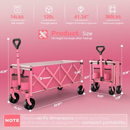 HIKEMOON 34'' Extra Long Folding Portable Wagon Cart, 120L 360LBS Pink - color: Pink