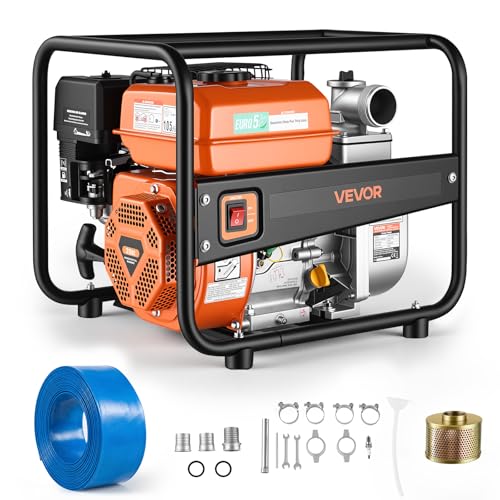 VEVOR Gas Powered Water Pump, 2 in, 158 GPM 7HP Semi Trash Water Transfer Pump Portable, Gasoline Engine with 25 ft Discharge Hose, Heavy Duty Frame, Cast Iron Impeller, for Irrigation, Ponds, Pools - size: 2in 7.0 HP 158GPM