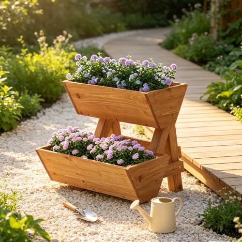 Wooden Vertical Raised Garden Bed with Legs, Tiered Planter Box, Vertical Garden Planter,Wood Plant Stand Wood Flower Rack for Patio, Balcony, Freestanding. (Brown-2 Tiers) - color: Brown, size: 2 tiers-Small