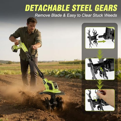 Cordless Tiller Cultivator, 21V Lightweight Tiller for Gardening with 2 * Batteries, Brushless Electric Tiller with 48 Steel Tines, 400RPM, 9.5" Tilling Width, 7" Depth for Gardening, Soil Turning
