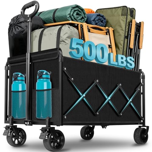 Collapsible Wagon Cart with All-Terrain Wheels - Folding Utility 500LBS Heavy Duty Wagons Carts for Grocery Sports Garden Shopping Camping Fishing (Black, 220L) - size: 500LBS