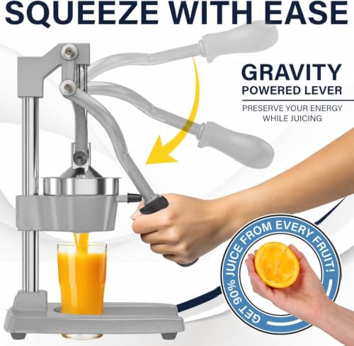 Eurolux Ultra-Premium Cast Iron Juicer | Extra-Large, Heavy Duty, Commercial Grade, Stainless Steel Manual Hand Press Citrus Squeezer For Fresh Orange Juice, Pomegranate, Lemon, and Much More (Gray) - color: Gray