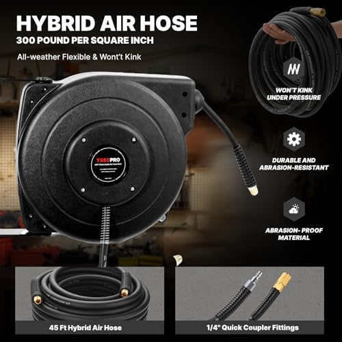 Retractable Air Hose Reel, 1/4 IN x 45 FT Hybrid Air Hose Max 300 PSI, Air compressor hose reel with 5 ft Lead in, Ceiling/Wall Mounted air hose reel,Heavy Duty air tool