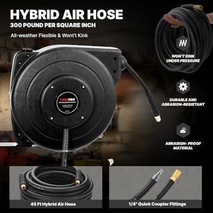 Retractable Air Hose Reel, 1/4 IN x 45 FT Hybrid Air Hose Max 300 PSI, Air compressor hose reel with 5 ft Lead in, Ceiling/Wall Mounted air hose reel,Heavy Duty air tool