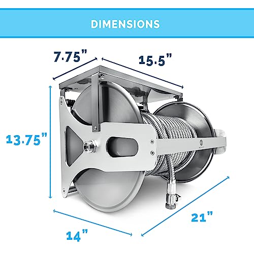 Morvat Stainless Steel Metal Water Hose Reel for 150FT Hose, Retractable Garden Hose Holder with Storage Shelf & Crank, Wall/Floor Mount, Includes 5Ft Leader Hose with ON/OFF Valve & Accessories - style: 150FT Reel