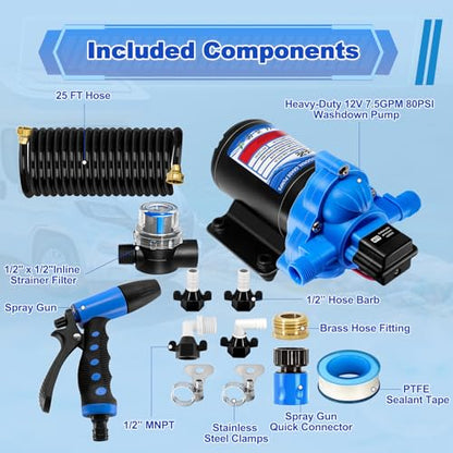 3.0 GPM 70 PSI Washdown Deck Wash Pump Kit, 12V Washdown Pump Kit with Strainer and Pressure Switch for RV,Boat,Sprayer,Travel Trailers,and Yacht TRWP1-030-070-33 - color: Black