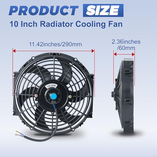 10 Inch Black Universal Electric Radiator Slim Fan 12V 80W High Performance Cooling Push Pull w/Mounting Kit 1PCS - size: 10” 1PC