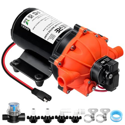 12V Fresh Water Pump,Sprayer Pump,7.0GPM,75PSI 5 Chamber Self-Priming Diaphragm Pump,Ideal for Agricultural Spraying,RV,Marine,Yacht Sprayer and Pressure Washing-1/2 MNPT Connection - color: Orange1