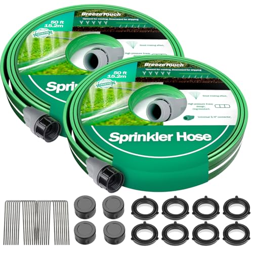 2 Pack 50FT Three-Tube Flat Sprinkler Hose with Holes with U-Shaped Stakes - size: 50FT*2
