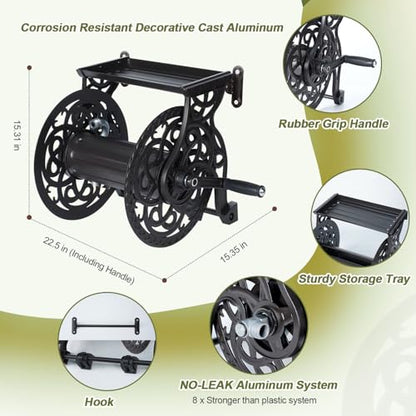 Metal Wall Mount Garden Hose Reel for Outside, Holds 125 ft x 5/8'' Hose Storage, Decorative Heavy Duty Water Hose Holder Aluminum Frame, No-Leak Aluminum Water System, Easy Assmbly, Dark Bronze