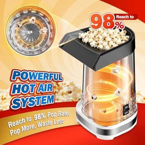 4.5 Quarts No Oil Electric Popcorn Machine with Measuring Cup + Melts Butter, Quick & Easy Hot Air Popcorn Popper Maker with On/Off Switch, Etl Certified, Air Popper for Movie Nights Parties(White)