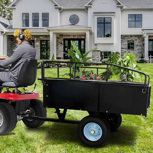 GarveeLife Utility Trailer, ATV Steel Garden Trailer, 750 Lbs 15 Cu.Ft. with Removable Sides, Pneumatic Tires and Quick Dump Pull Back, Heavy Duty Lawn Mower Trailers for Lawn Mowers, Tractors, Farm