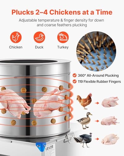 VEVOR Chicken Plucker Machine, 23.6 in Drum, 2200W & 240RPM Electric Chicken Plucking Machine with 119 Soft Fingers & Transport Wheels, Stainless Steel Feather Remover for Processing 2-4 Chicks Once - color: Silver